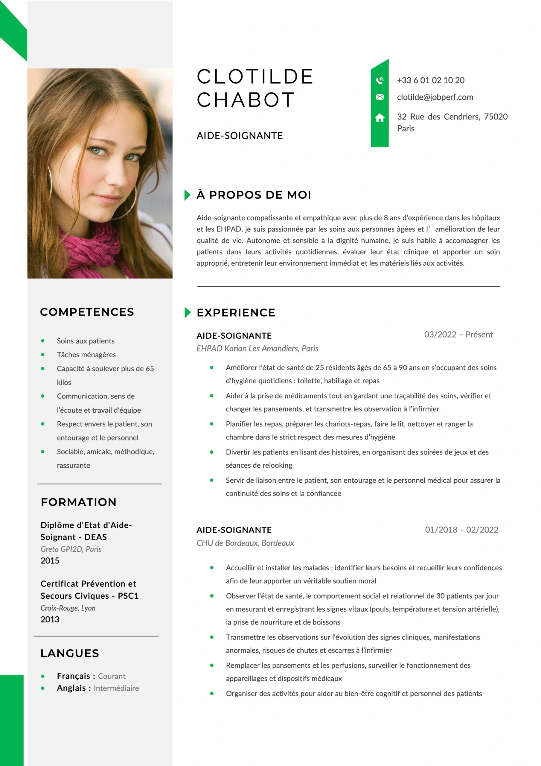 Exemple de CV AideSoignante (+ Compétences)  JobPerf