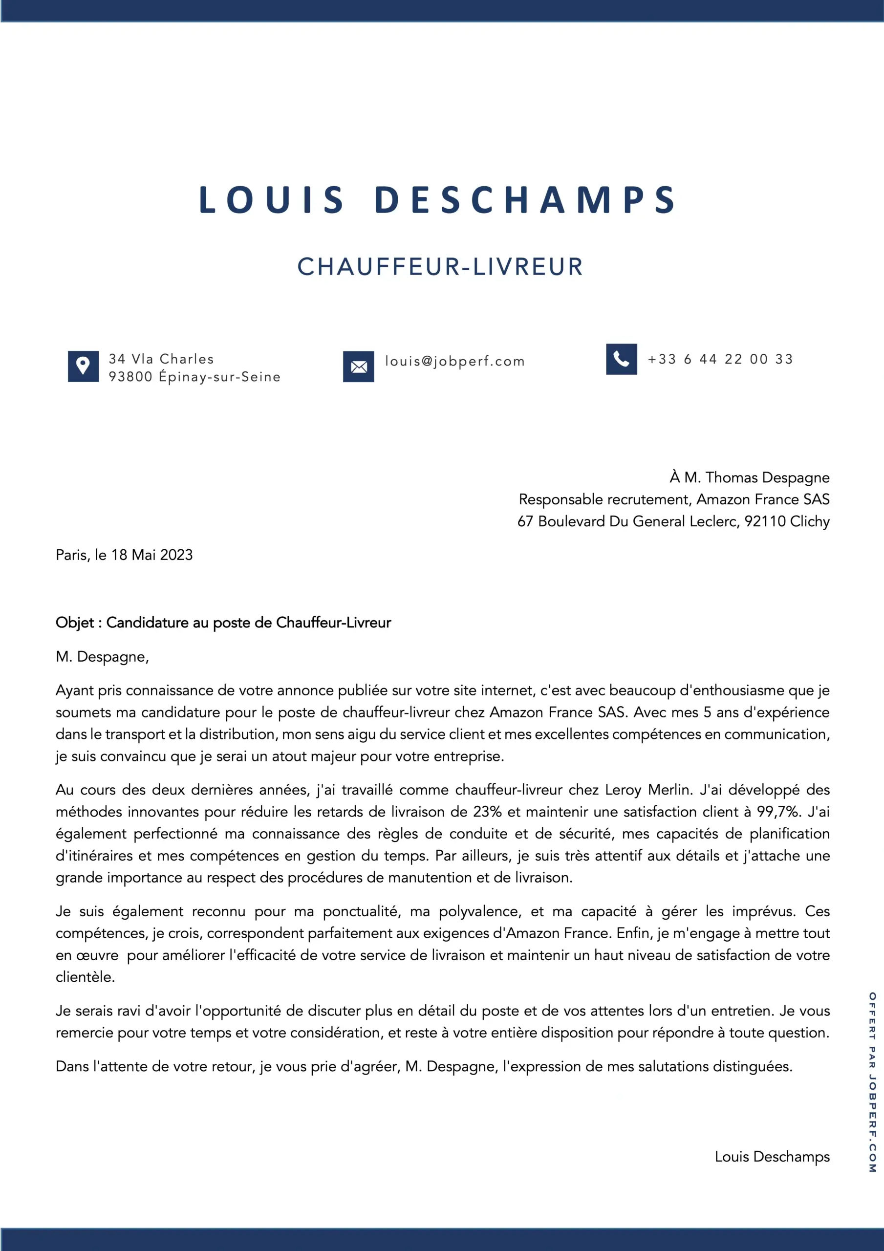 Exemple de Lettre de Motivation ChauffeurLivreur JobPerf